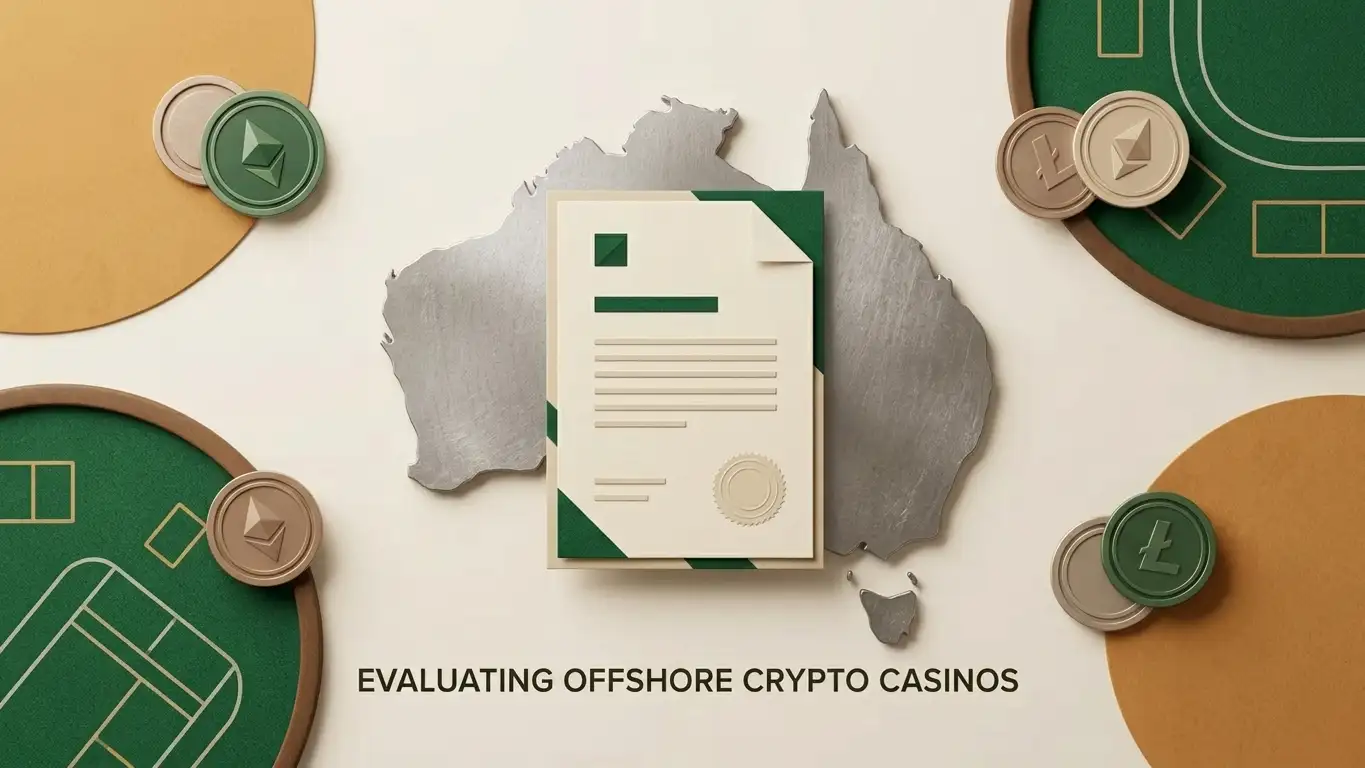 Editorial illustration combining Australian regulatory context, crypto payments and casino categories