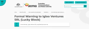 ACMA formal warning record for Lucky Block