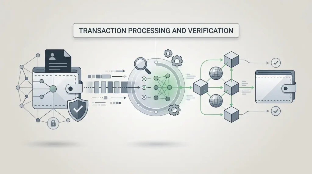 Conceptual illustration of a cryptocurrency withdrawal moving through review and blockchain confirmation