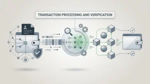 Conceptual illustration of a cryptocurrency withdrawal moving through review and blockchain confirmation