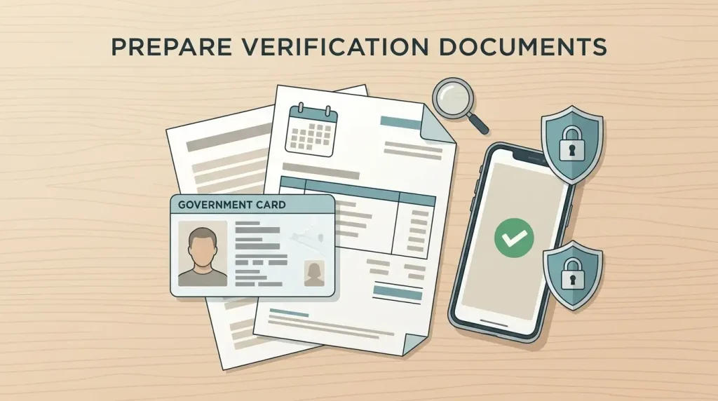 Conceptual illustration of identity and address documents being prepared for secure account verification