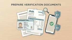 Conceptual illustration of identity and address documents being prepared for secure account verification