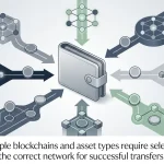Conceptual illustration of multiple cryptocurrency networks connecting to a digital wallet
