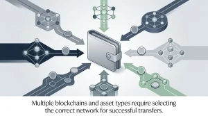 Conceptual illustration of multiple cryptocurrency networks connecting to a digital wallet