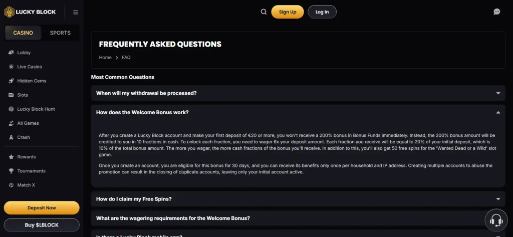 Lucky Block Help Centre welcome bonus explanation