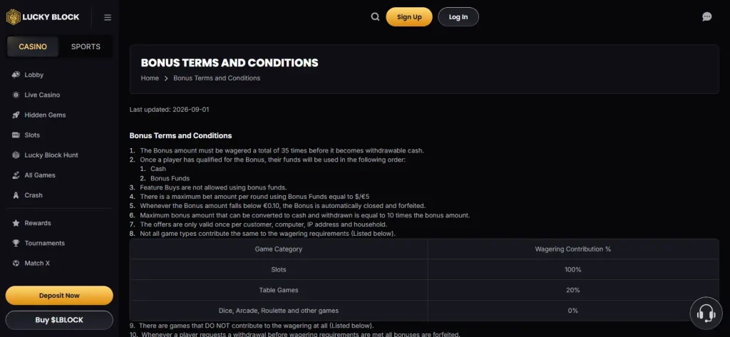 Lucky Block official bonus terms page