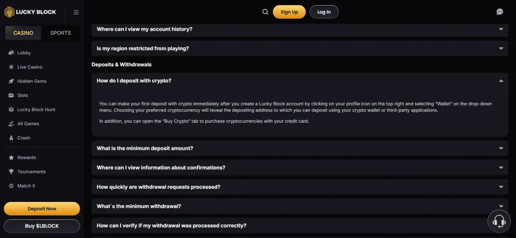 Lucky Block wallet deposit and withdrawal interface