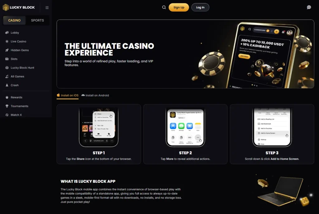Official Lucky Block mobile app page showing the Home Screen installation flow